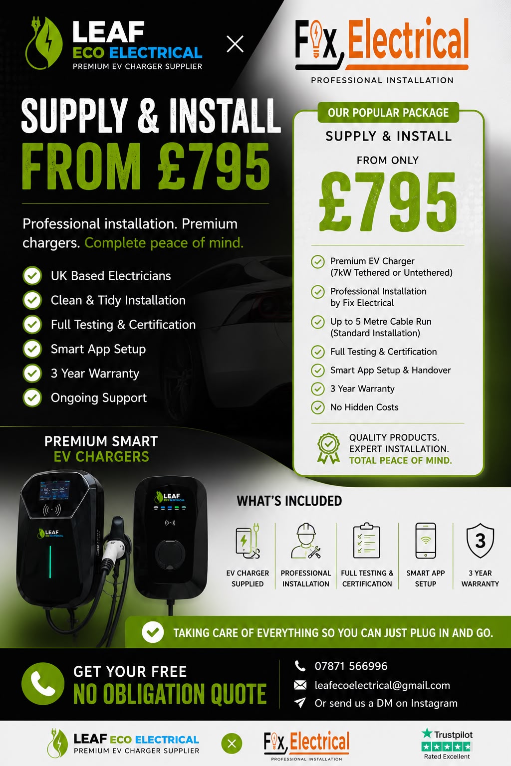 Fix Electrical and Leaf Eco Electrical £795 EV charger supply and install special offer flyer